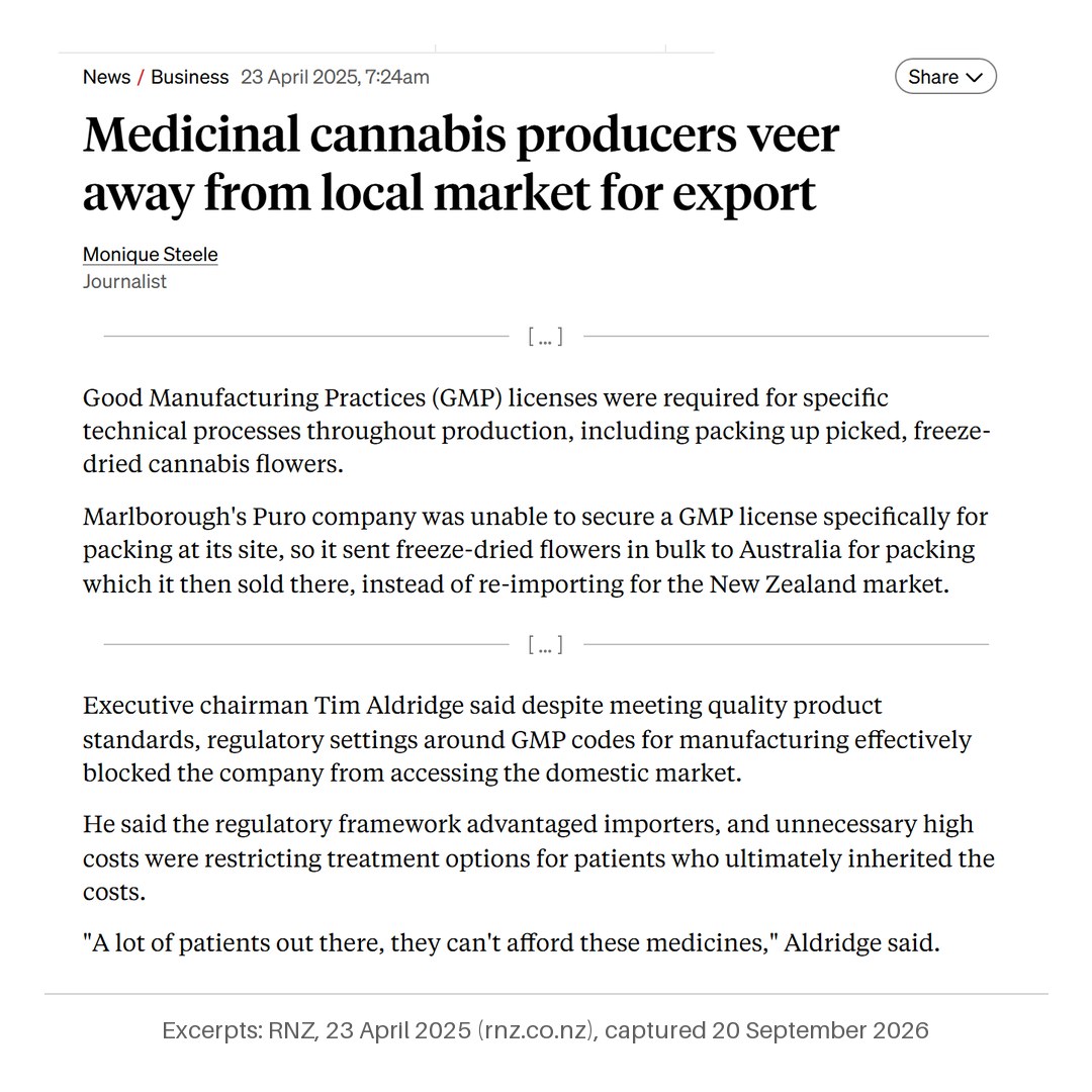 RNZ, 23 April 2025: Puro was unable to secure a GMP licence for packing, and its executive chairman said GMP settings effectively blocked it from the domestic market