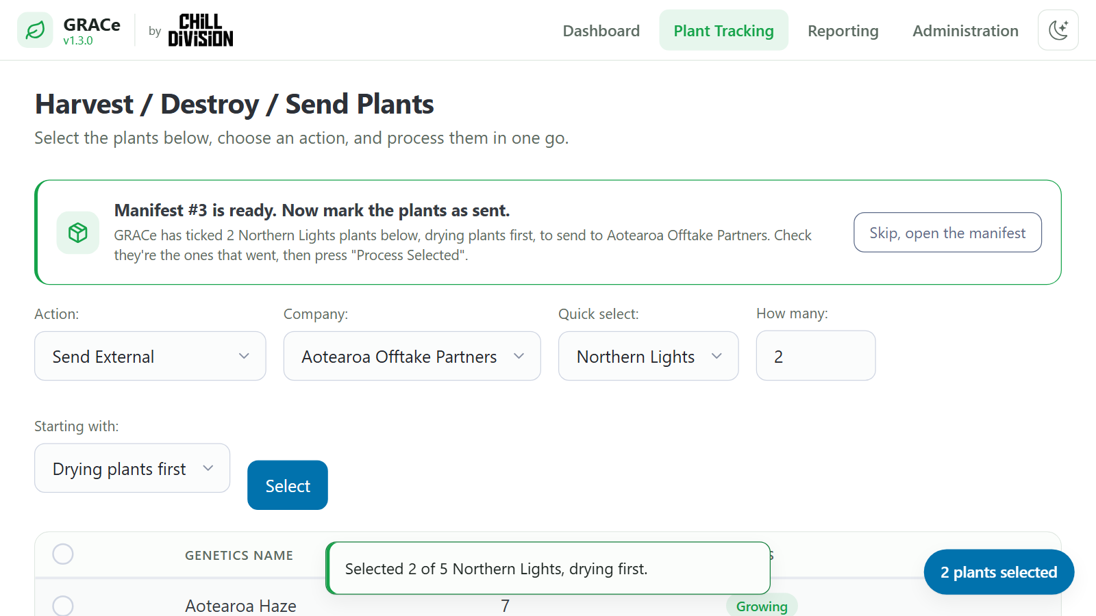 Harvest / Destroy / Send opens with the manifest's plants already ticked