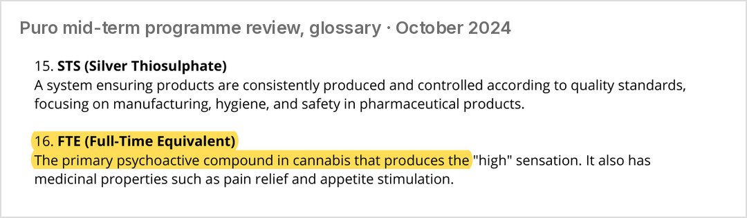 The mid-term review's only mention of FTE: its glossary, which defines it as "The primary psychoactive compound in cannabis"