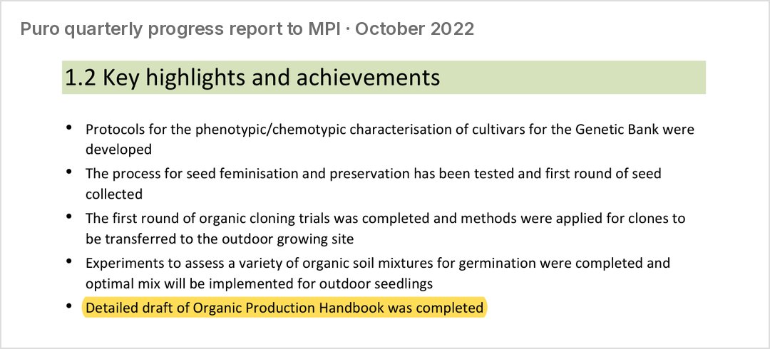 October 2022: "Detailed draft of Organic Production Handbook was completed"